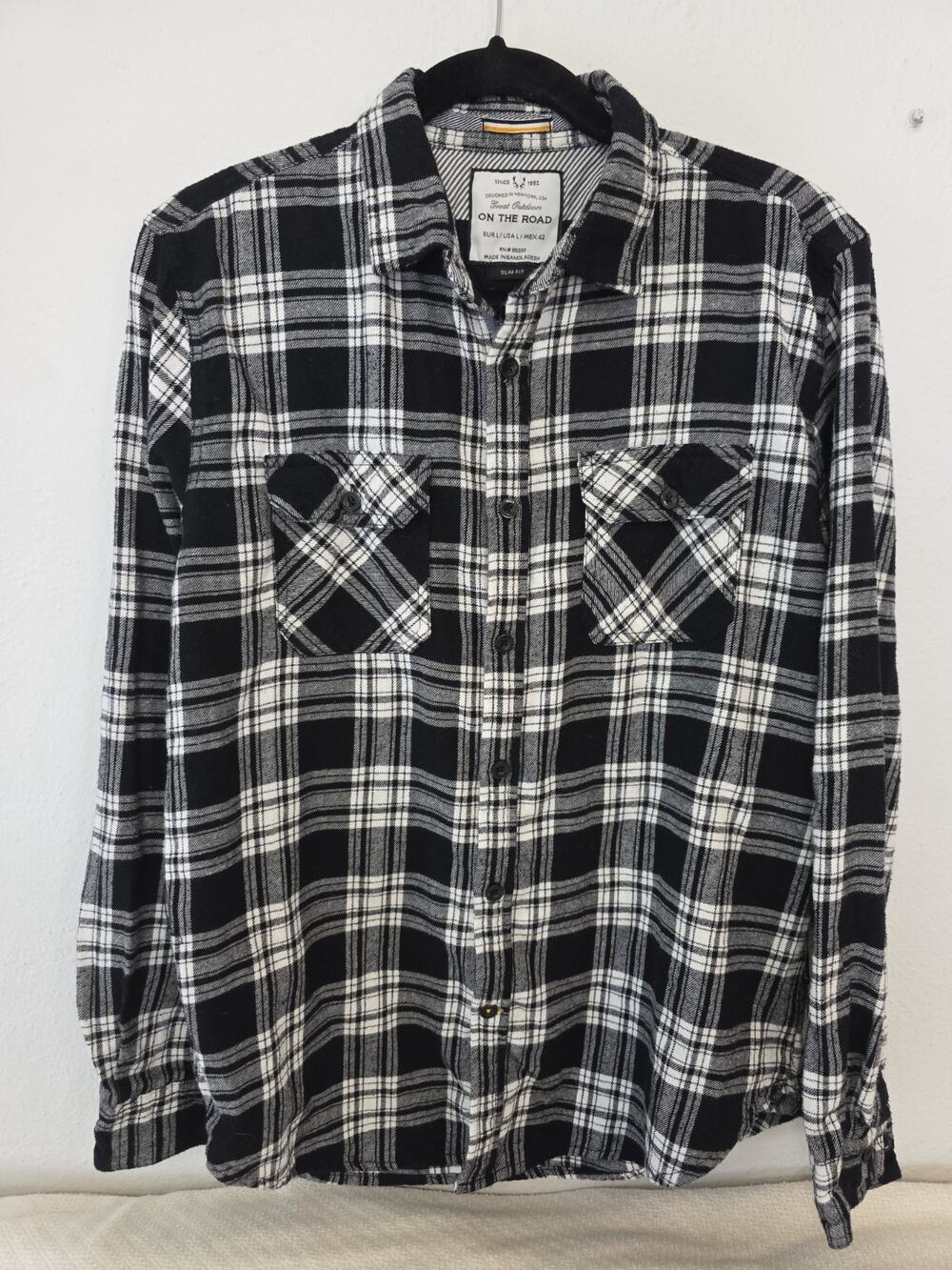 On The Road Shirt Mens Black White Plaid Flannel Great Outdoors Slim Lg Cotton